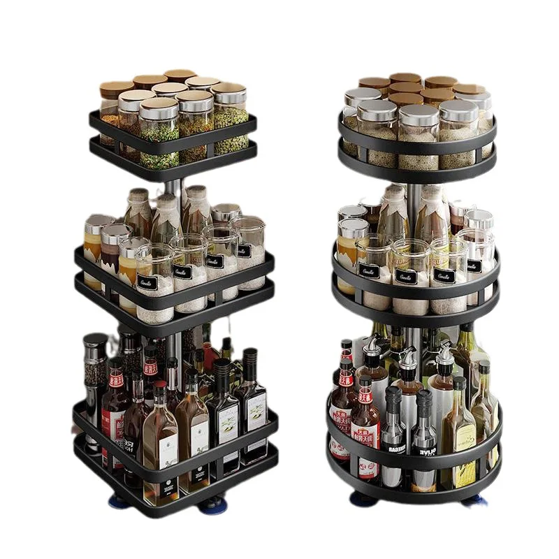 Rotation Condiment Rack Multifunctional Carbon Steel Flavour Storage Tray Round Seasonings Spice Organizer for Kitchen