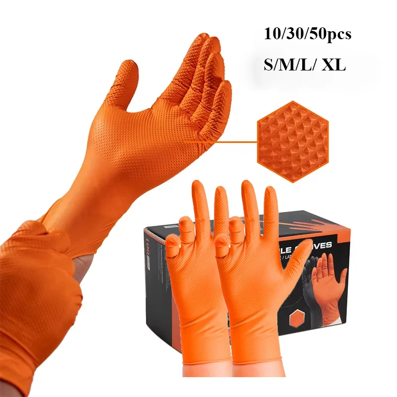 Nitrilhandschoenen 8Mil Heavy Duty Oranje Industriële Wegwerphandschoenen met Diamanttextuur Handgreep Monteur Veiligheid & Werk 10/30/50PCS