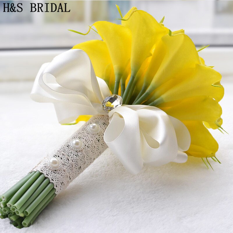 Beautiful White Yellow Calla Lily Wedding Bouquet Brides Bridesmaid artificial flower buque de noiva bouquet wedding bouquet