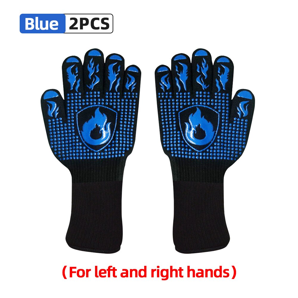 BBQ Grill Gloves High Temperature Resistance 800 Degrees Fireproof Heat Insulation Glove Cooking Baking Barbecue Microwave Oven: One Pair-Blue B