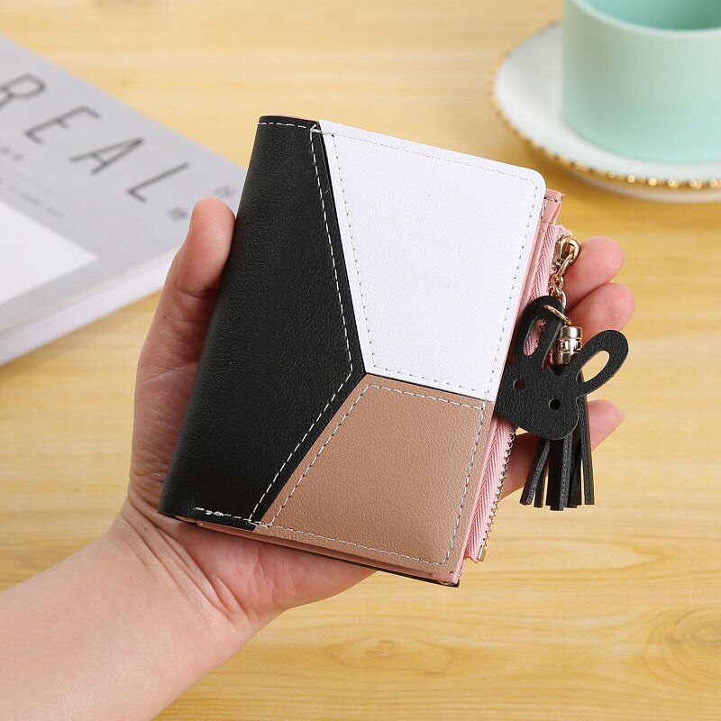 Geometric Tassel And Rabbit Decoration Leather Wallets Women Phone Pocket Purses Hasp Clutch Wallets: black