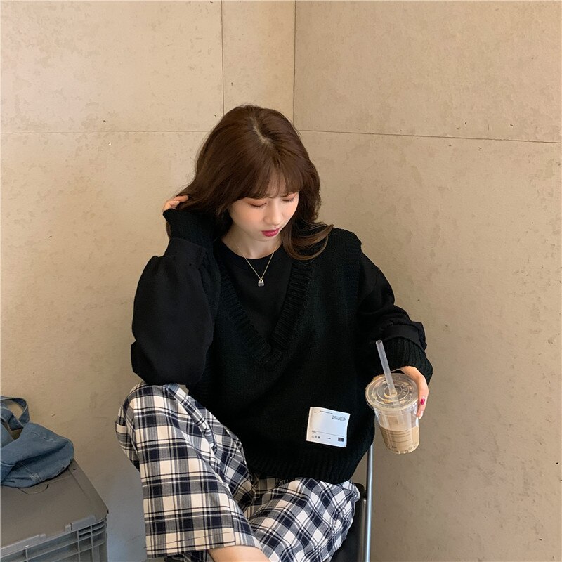 Suéter con cuello en V para mujer, Blanco Simple escolar que combina con todo, ropa de diario holgada Harajuku de estilo japonés para chicas