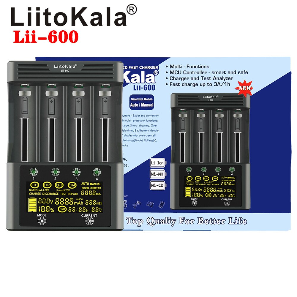 LiitoKala lii-600 LCD 3.7V/1.2V AA/AAA 18650/26650/16340/14500/10440/18500 Battery Charger with screen+12V5A adapter: Lii-600 and car