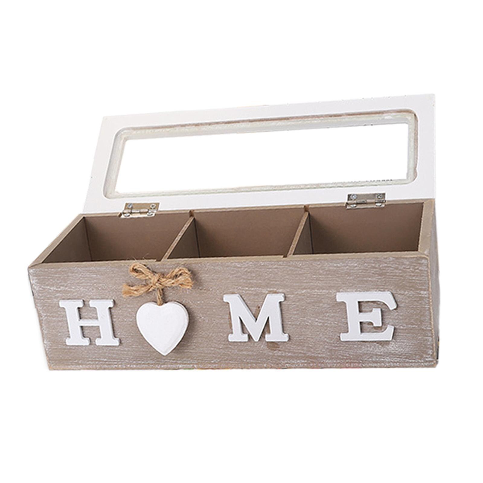 Rectangular Wooden Tea Storage Box with Viewing Window Desktop Container Jewelery Box for Sugar: 3 Grid