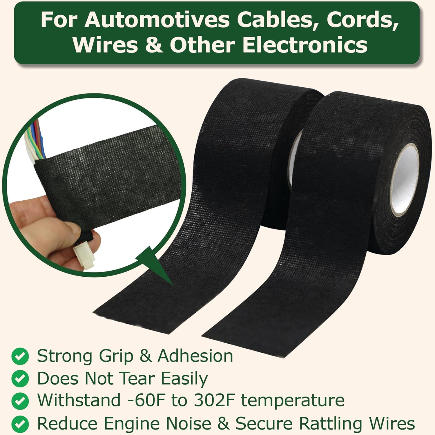 Black Electrical Fabric Tape Heat Resistant Wire Harness Bundle Insulation Auto Wiring Cloth Wrap Waterproof Cable Adhesive Tape