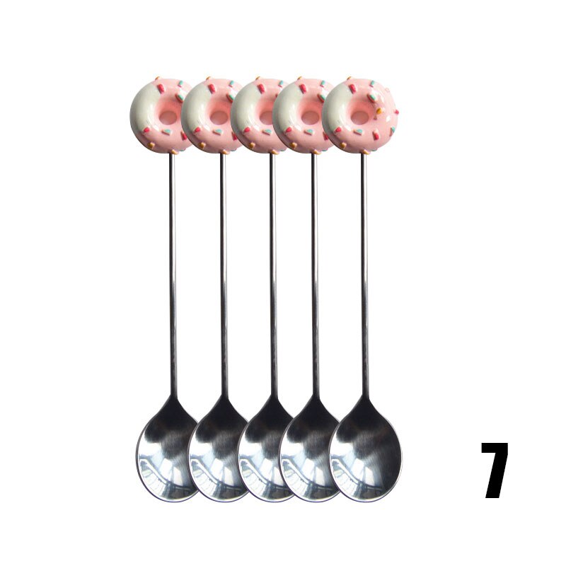 5pcs Kitchen Stainless Steel Doughnut Donuts Coffee Tea Spoon Set/Stirring Stick/Fruit Dessert Pastries Fork Set Donut fork spoo: 7