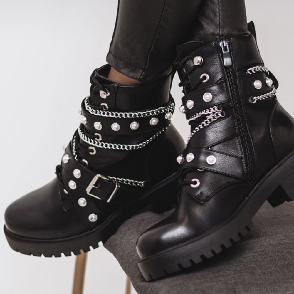Botas BONJOMARISA a la con hebilla y perlas para mujer, botas de tacón cuadrado con cadena para otoño e invierno, zapatos de plataforma para mujer