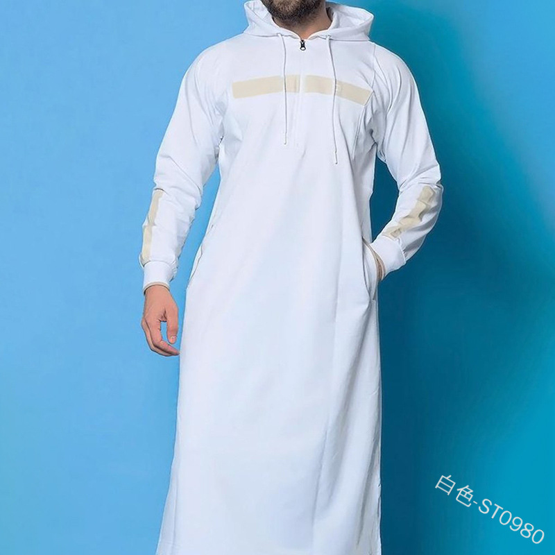 Moslim Mannen Jubba Thobe Arabische Islamitische Kleding Saudi Arabië Gewaad Abaya Dubai Losse Blouse Turki Kaftan Sweatshirt Abayas S-5XL: L / WHITE