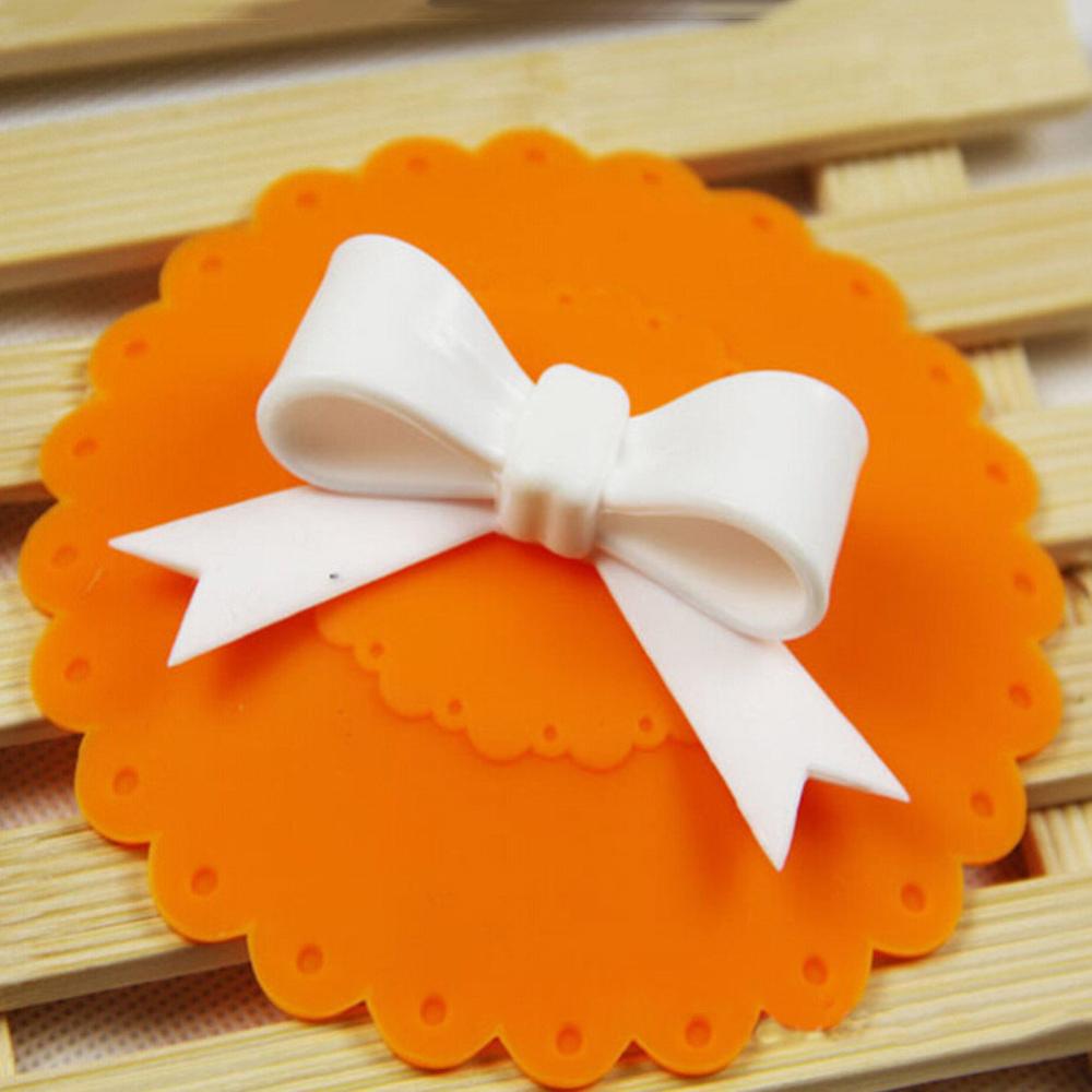 10.5cm Cute Anti-dust Silicone Glass Cup Cover Coffee Mug Suction Seal Lid Cap Silicone Lovely Bowknot Cup Cover: Orange