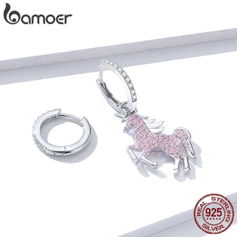 bamoer 925 Sterling Silver Jewelry Sets Pink Licorne Pendant Necklace for Women Chain Necklaces Earrings Wedding Jewelry ZHS187