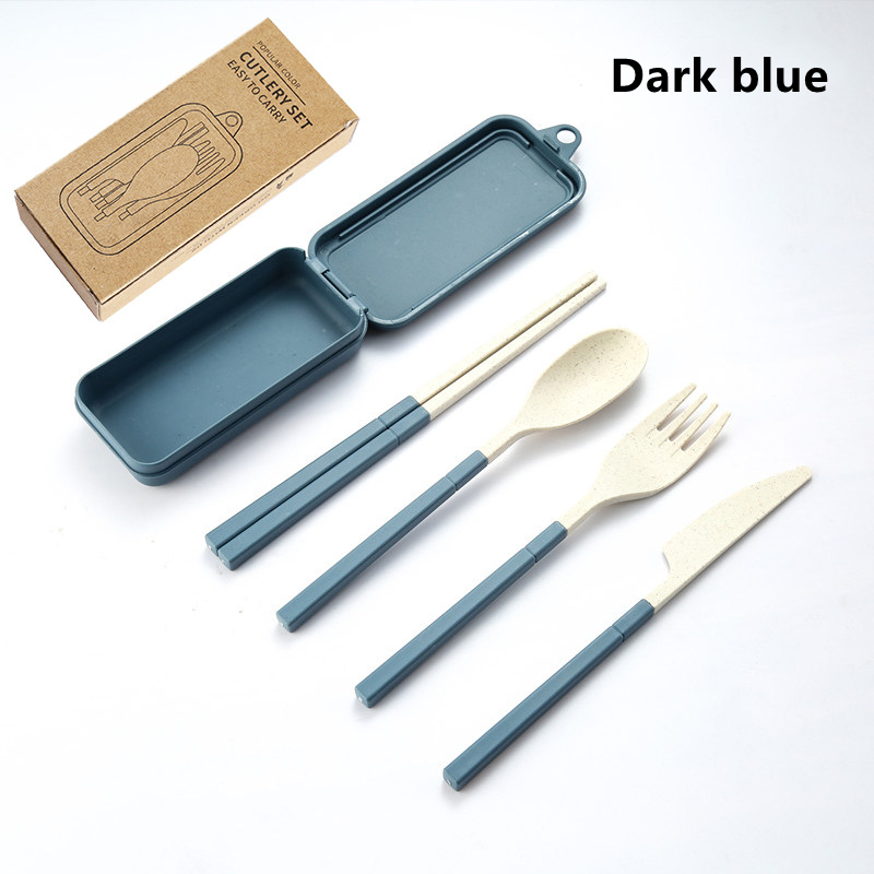 4PCS Wheat Straw Dinnerware Set Portable Tableware Knife Fork Spoon Chopsticks Set Travel Cutlery Set Eco-Friendly Utensil Box: Blue