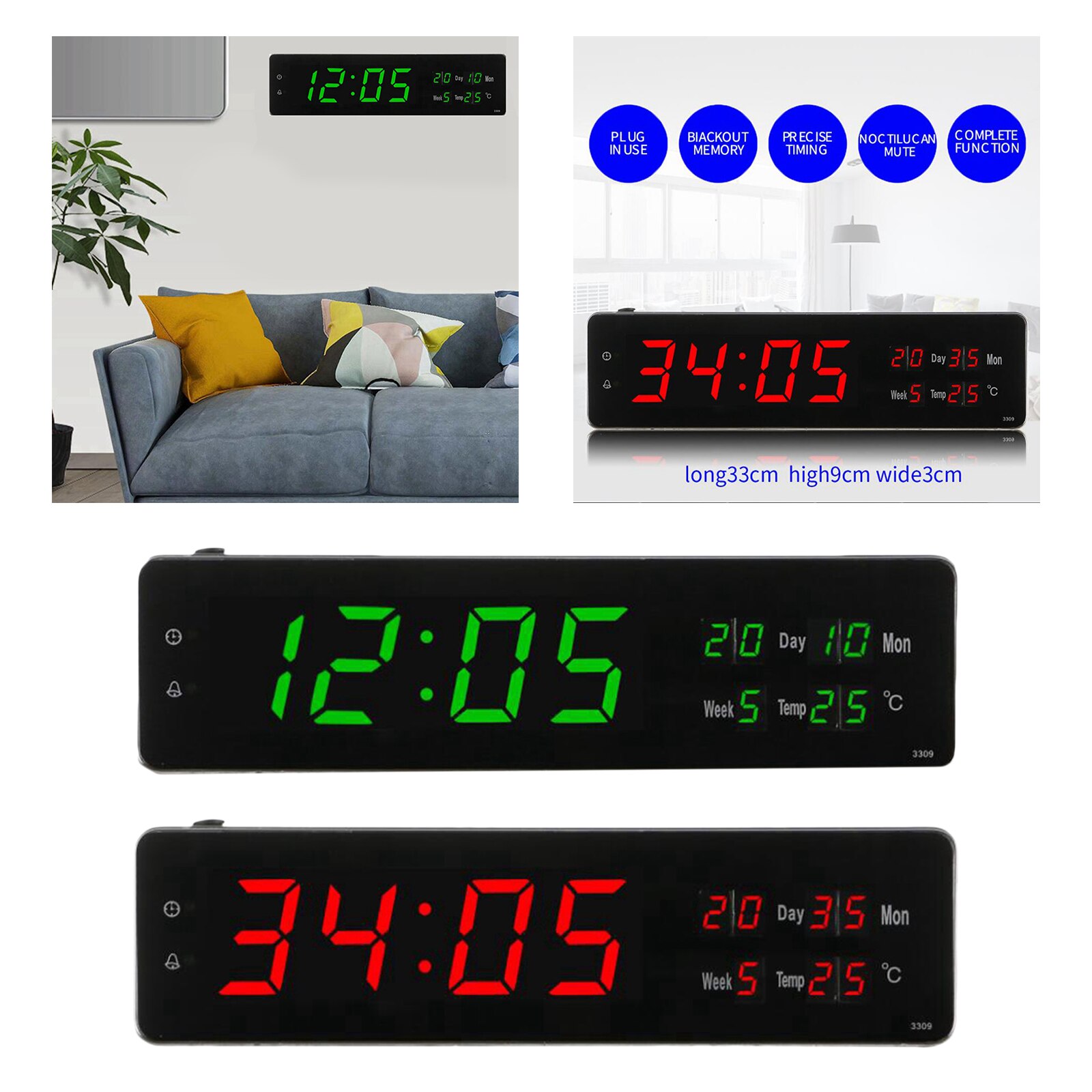 Large Digital Alarm Clocks Wall Clock Hourly Chime for Bedroom Living Room