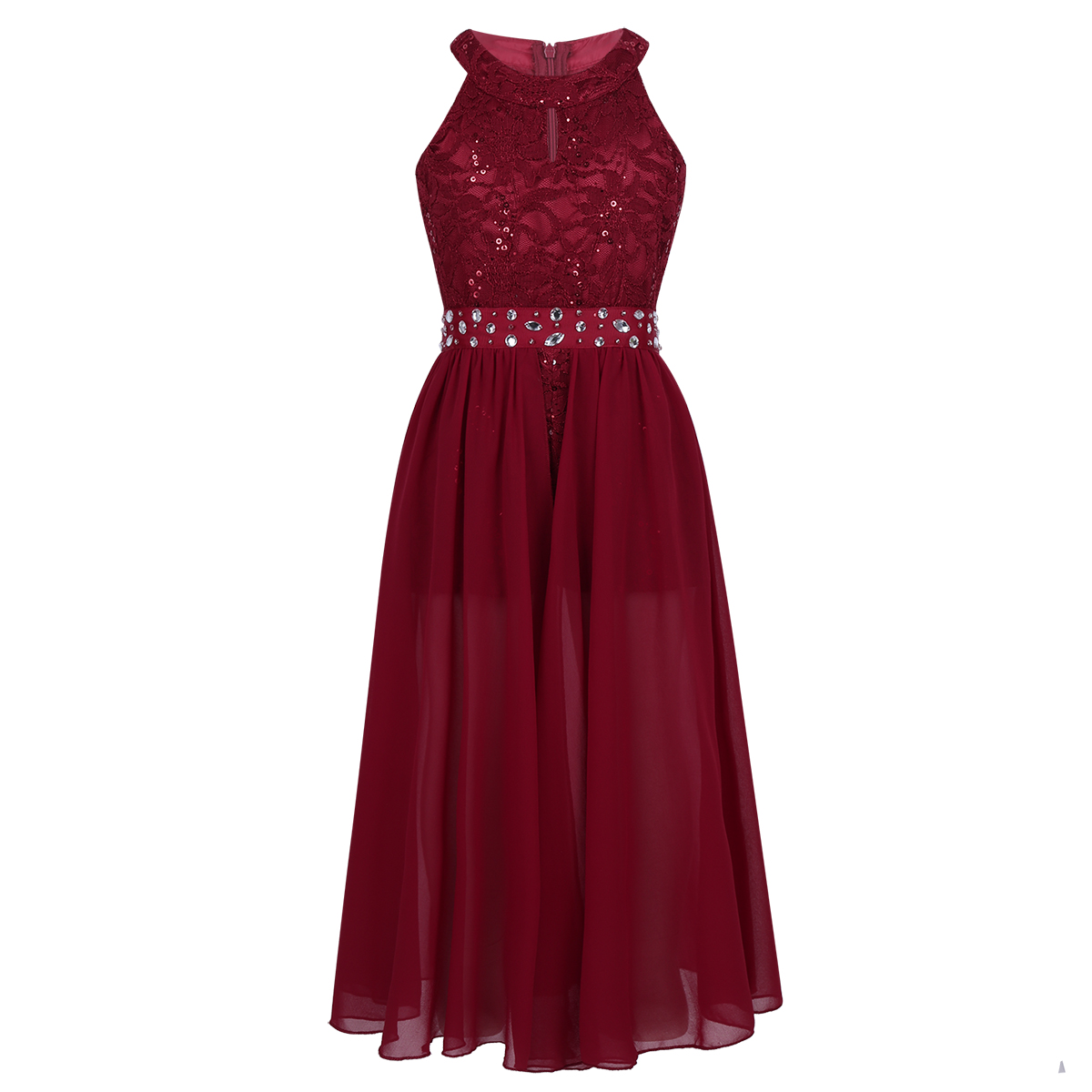Meisjes Lyrische Dans Turnpakje Jurk Dancewear Mouwloze Bloemen Kant Strass Bruiloft Verjaardag Feestjurk