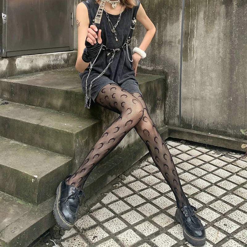 Lolita Ragazze Carino Pentacolo Stampa Collant Donne Sexy Gotico Punk Magico Stella a Cinque Punte Maglia Pesce Net Collant Calze per il Corpo: Cachi