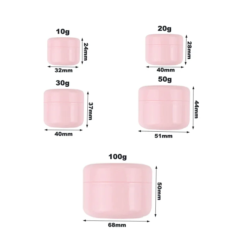 50 stuks/verpakking 10g 20g 30g 50g 100g navulbare roze plastic lege make-uppotjes/potjes/reisverpakkingen voor gezichtscrème, lotion en cosmetica