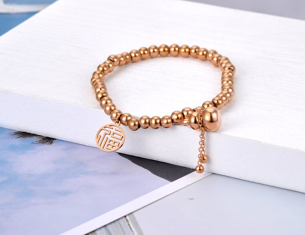 Lokaer Etnische Chinese Stijl Rvs Goede Luck &amp; Kalebas Charme Armbanden Voor Vrouwen Rose Gold Kralen Armband Sieraden B20138