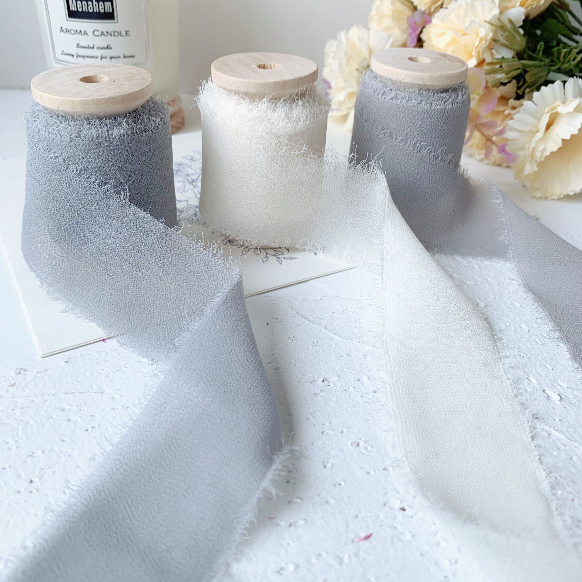 3 Rollen/Set Roll Ins Stijl Handgemaakte Chiffon Verzwakte Randen Zijden Lint Bruiloft Boeket Streamers Fotografie Styling, cadeaupapier