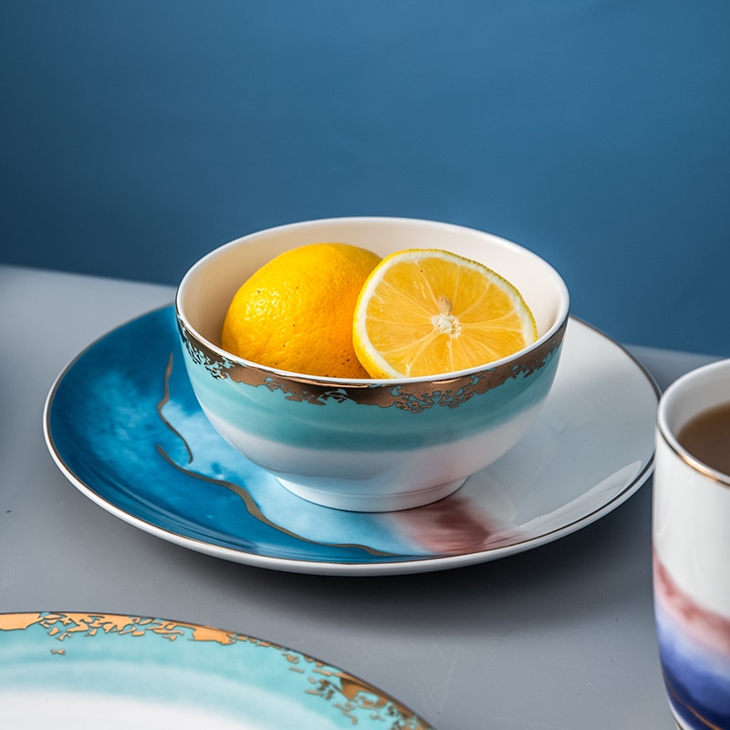 Assiette en céramique dorée vaisselle décoration de la maison assiette en porcelaine plat gâteau pâtisserie assiette à gâteau de fruits bol à soupe de riz tasse à thé