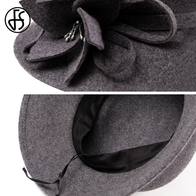 Sombrero de lana con visera grande para mujer, gorro de lana con visera grande, Estilo Vintage, ancho, con flores