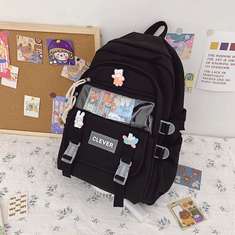 DCIMOR Neue Wasserdichte Nylon Frauen Rucksack Weibliche Multi-tasche Reisetasche transparent Tasche Schul Kawaii Mädchen der Mochila: schwarz / mit pendant