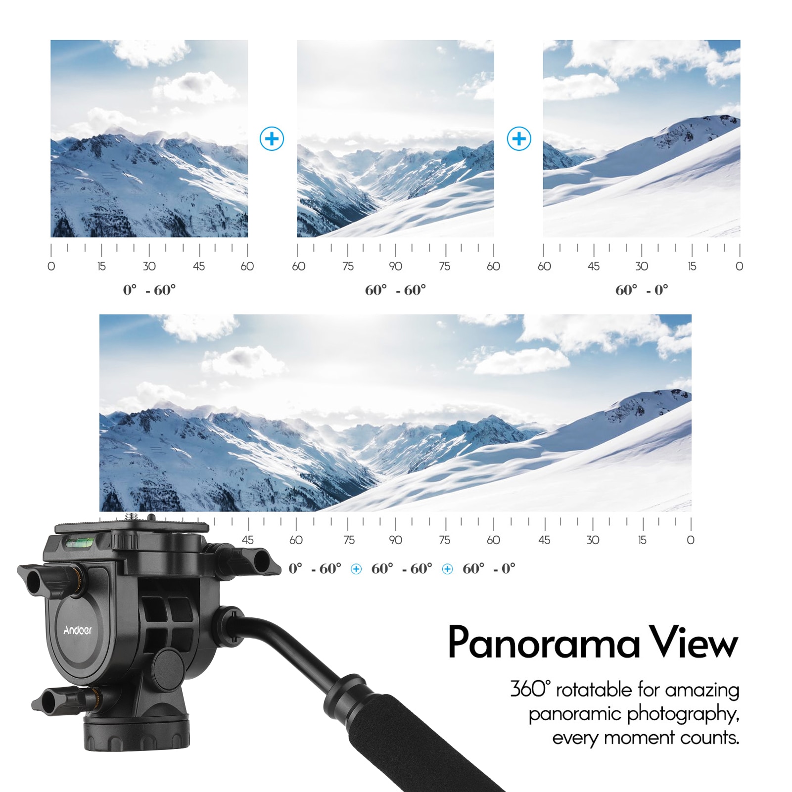 Væskehydraulisk kuglehoved panoramafotografering med håndtag til 1/4 tommer skruekamera videokamera og 3/8 tommer monopod stativ