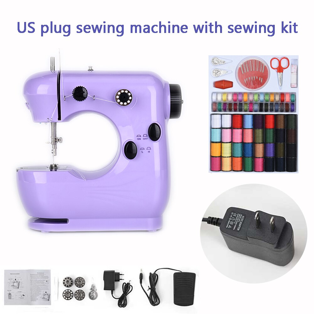 Sewing Machine Mini Portable Electric Household Pedal Multifunctional With Night Light Handmade DIY Purple For Beginners: US plug with kit