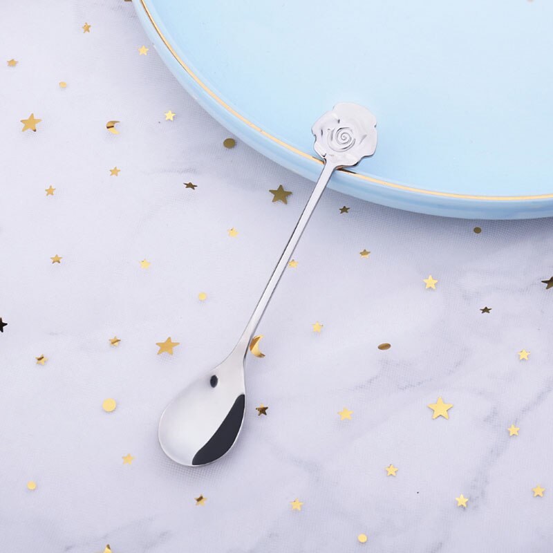 Japanese-style stainless steel coffee spoon dessert series set home kitchen rose four-leaf clover cartoon spoon: Silver rose