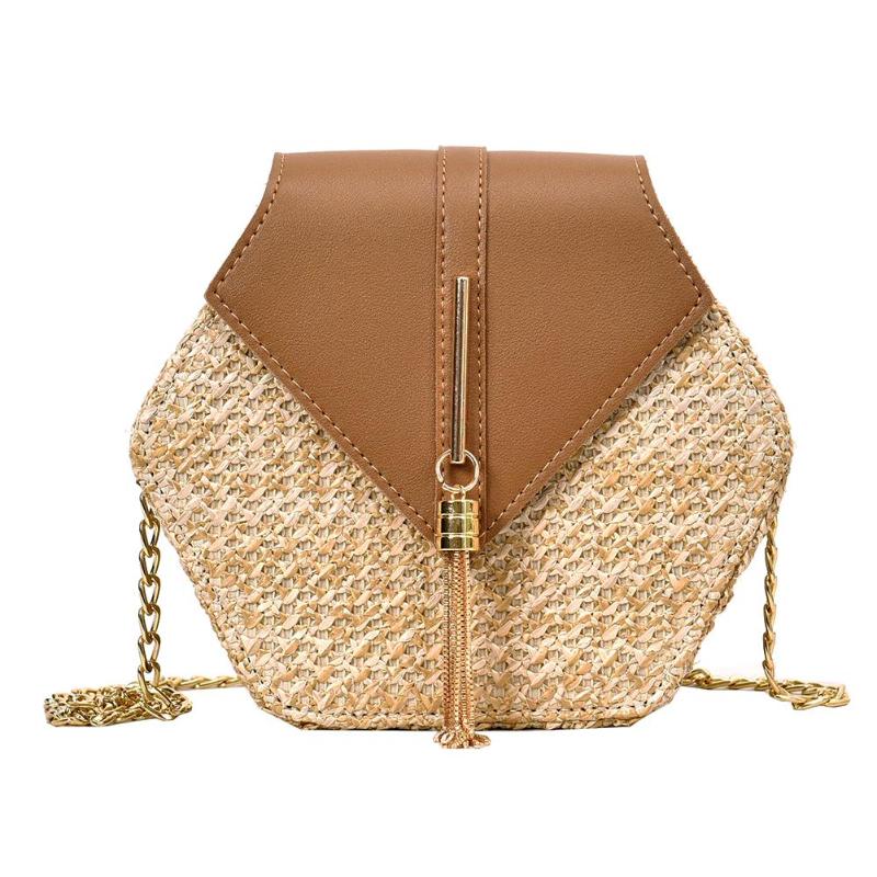 Hexagon Mulit Stijl Stro + pu Tas Handtassen Vrouwen Zomer Rotan Tas Handgemaakte Geweven Strand bolsa feminina: Brown A