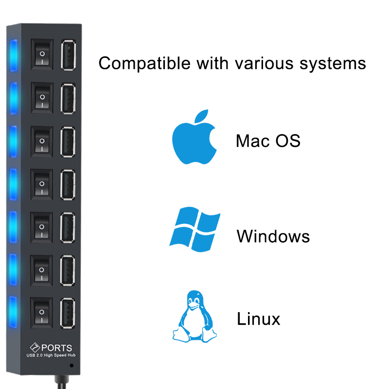 USB2.0 Hub USB Hub Multi USB Splitter Hub Multiple Expander USB Adapter USB Hub 7 Port 2.0 USB Hub USB Port with Switch for PC