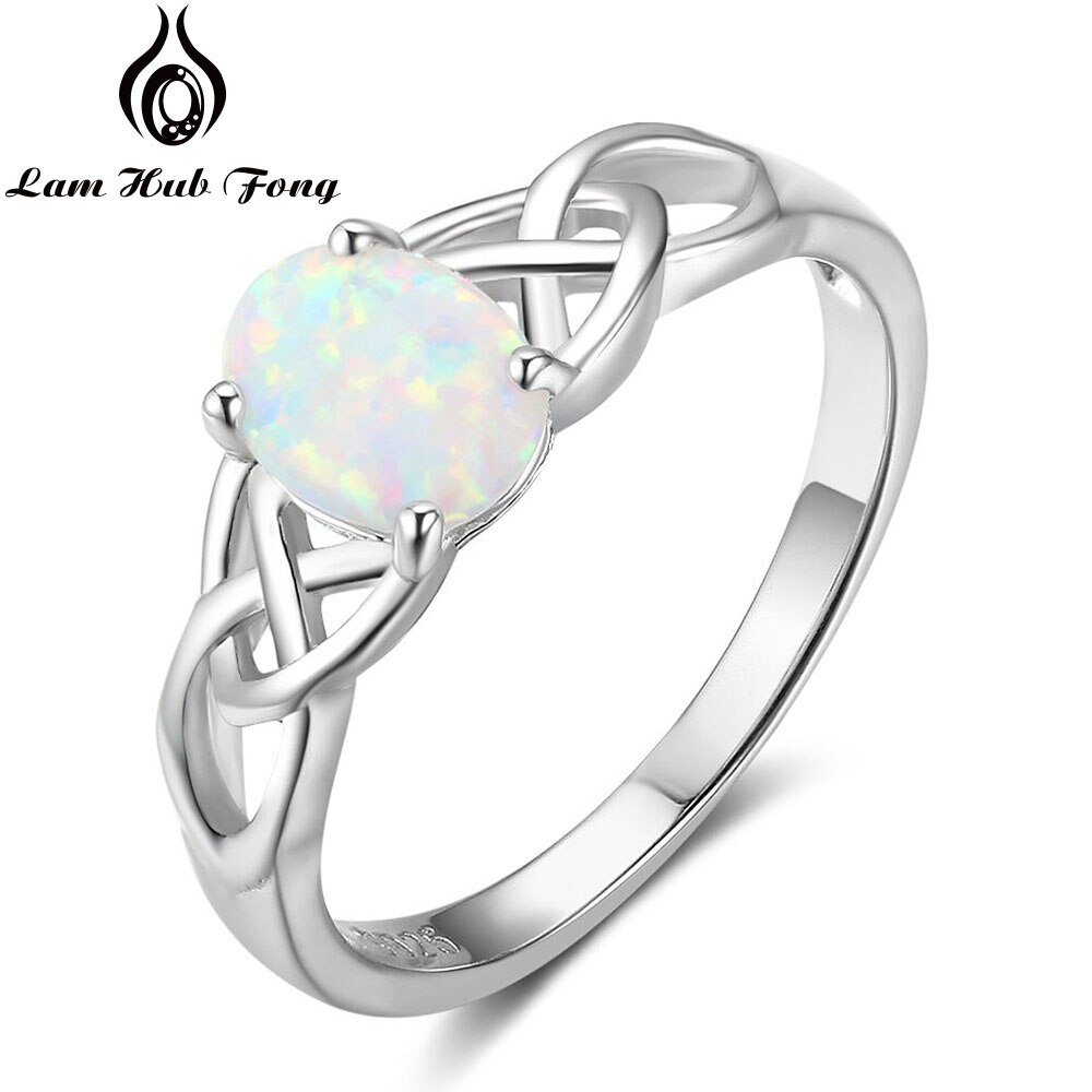 925 Sterling Silver Braided Ring with Oval White Pink Blue Opal Stone Wedding Engagement Rings for Women (Lam Hub Fong): 6 / White Opal