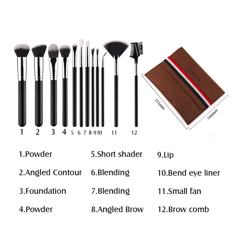 Zoreya merk 12 stuks zwarte make-up kwastenset foundation poeder blending oogschaduw bend eyeliner basis cosmetische kwasten