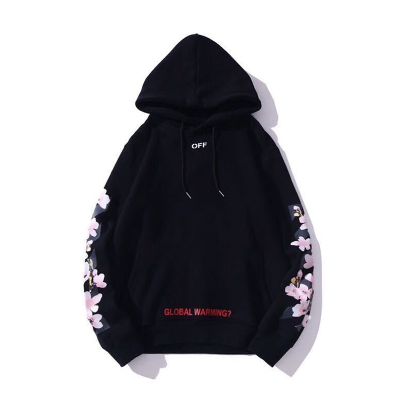 Hip Hop High Street Hoodie Men Sweatshirt Peach Flowers Print Hooded Fleece Harajuku White Pullover Couple Oversized Hoodie