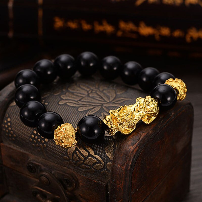 Obsidian Stone Beaded Bracelet with Golden Pixiu Charms Pendant for Men Buddhist Jewelry TT@88