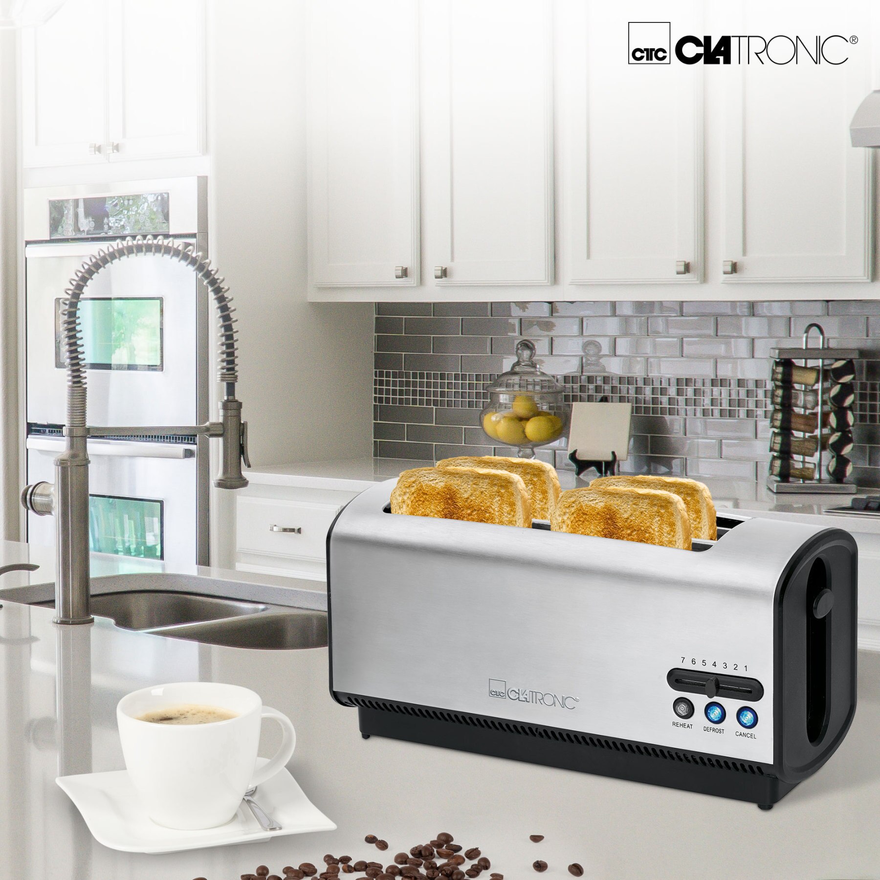 Clatronic TA 3687 Toaster Brot, 4 Scheiben weit Slot, getoastet eben Regler, 3 Funktionen, wärmt Rollen 1200W Silber-