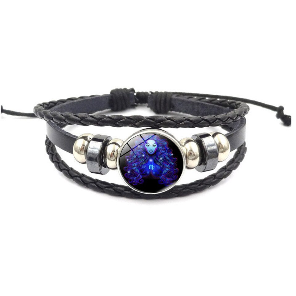 Horóscopo astrología 12 Zodiaco tejido luminoso cuero de vaca cielo estrellado pulsera hombres mujeres Acero inoxidable pulsera joyería