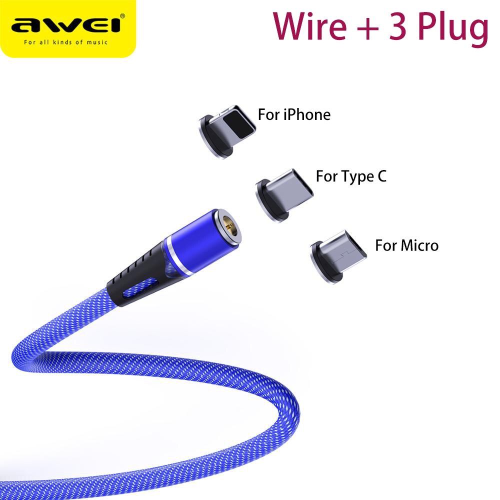 Awei led magnetische kabel 3 in 1 oplaadkabel snel 360 graden type c usb-kabel micro usb magnetische oplader snel voor mobiele telefoon: 3 in 1 blauw