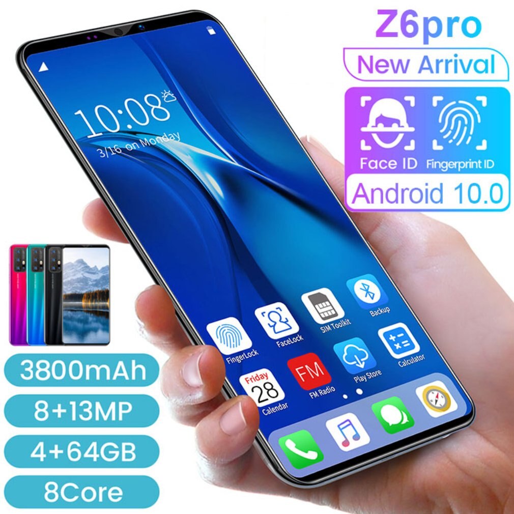 Z6 Pro Smartphone 5.8 Inch Scherm Smartphone 512M + 4G Android Smartphone 3D Glas Plated Achterkant Zwart