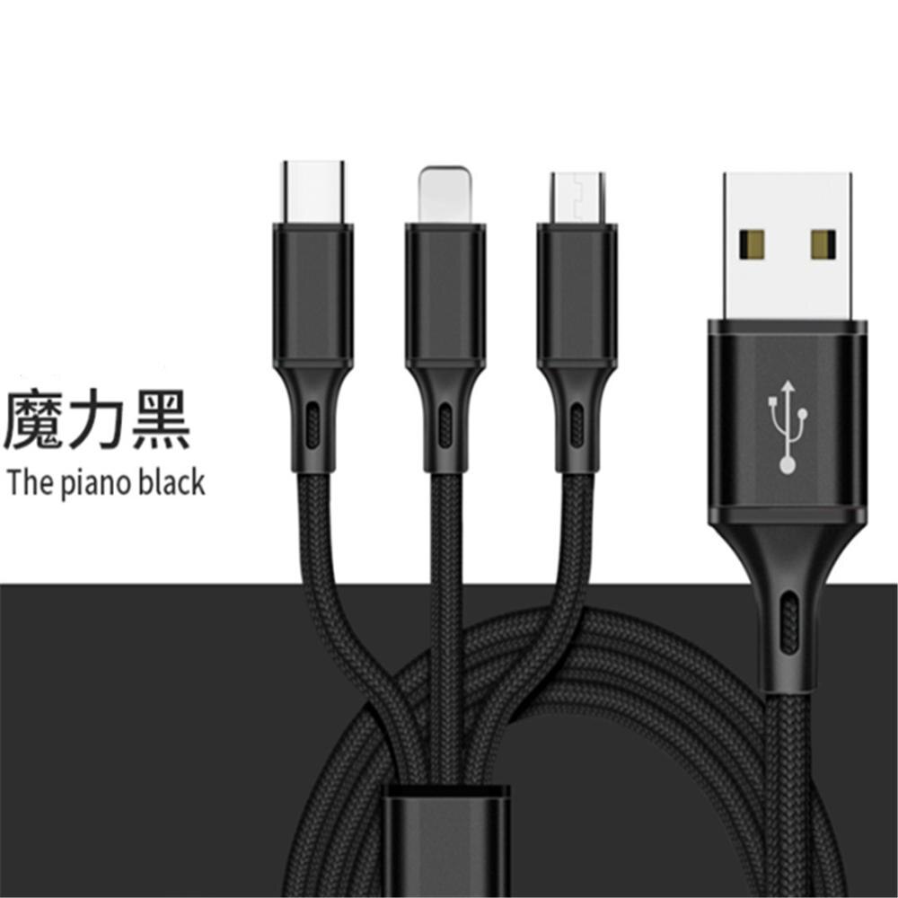 3 em 1 usb cabo de carga rápida 2.5a para carregador micro cabo usb para android usb e tipo-c cabo de carregamento rápido portátil cablei: Black