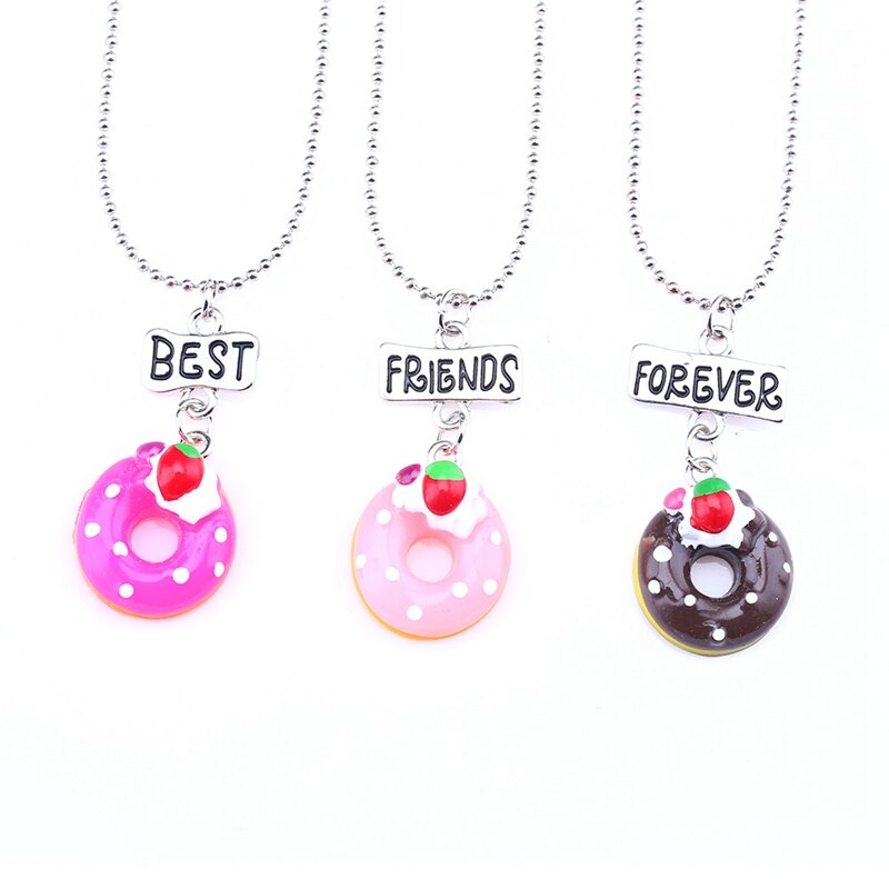 1set(3PCS) Soft Ceramic Doughnut Best Friends Pendant Necklace Cake Girl BFF Necklace Children Jewelry , N-829