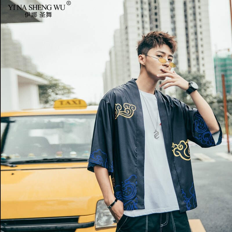 Estilo chino dibujo de calavera Cardigan playa Kimono Harajuku mujeres hombres Streetwear tradicional túnica japonesa playa corta blusa Top