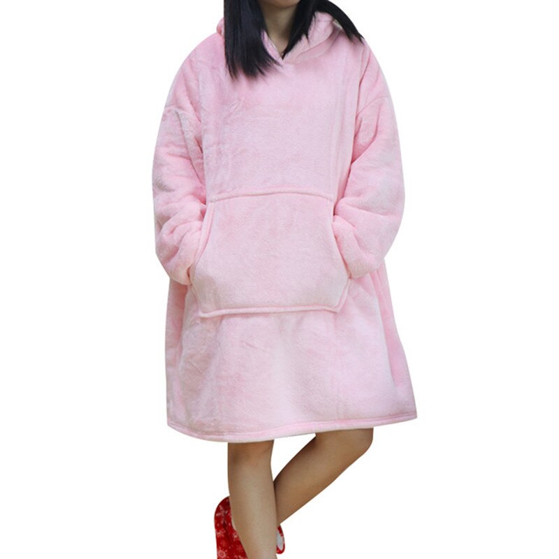 Sudaderas con capucha de lana de gran tamaño para hombre y mujer, manta de televisión con mangas y Bolsillo grande, Sudadera con capucha para exterior grueso de franela, Sudadera de felpa: Light Pink