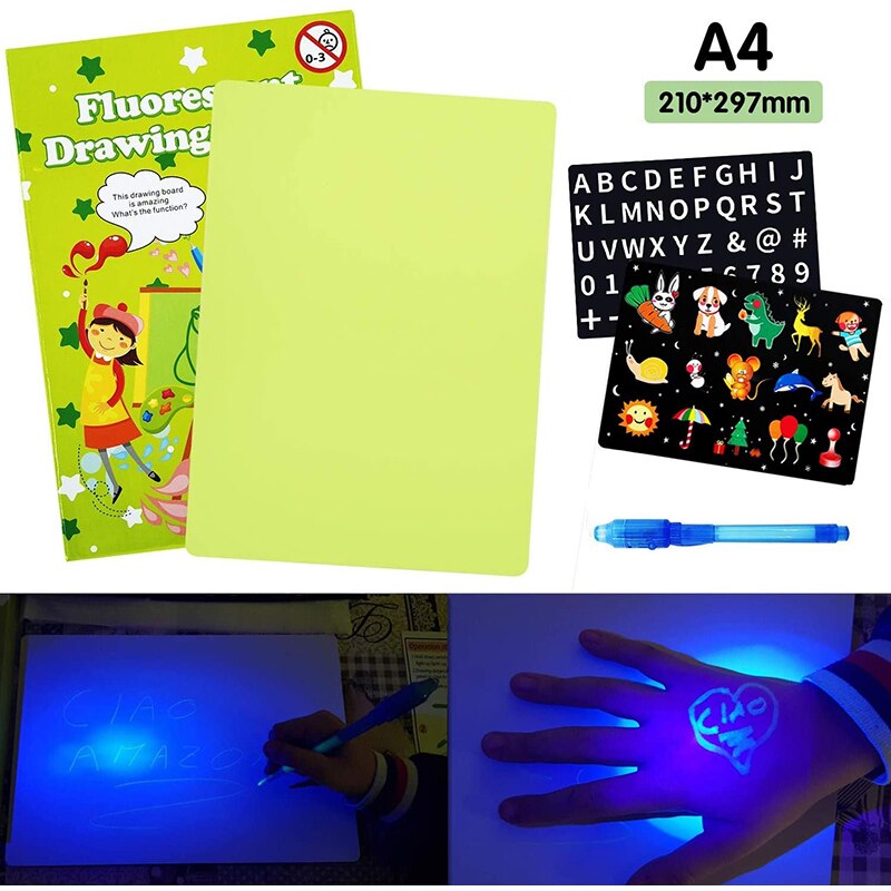 Planche à dessin légère pour les enfants, ELICE A3 lumière tapis de dessin dessiner avec la lumière, tampon magique éclairer tapis de dessin pour les enfants avec stylo magique