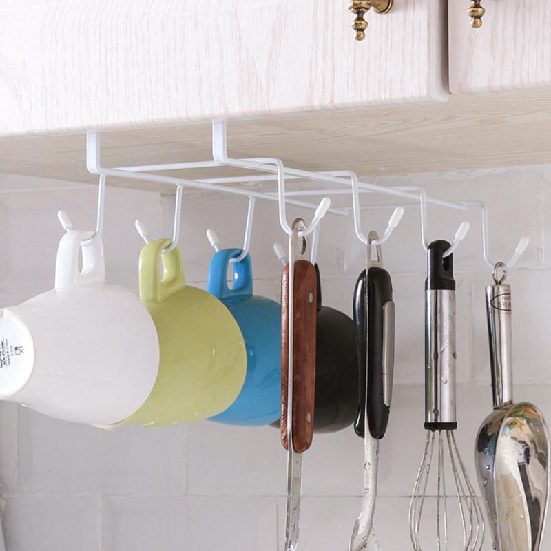 Double 8 Hooks Mug Coffee Cup Under Shelf Metal Hanger Storage Rack Kitchen Cupboard Holders Paper Holders Kitchen Accessories