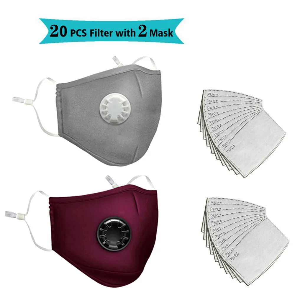 Herbruikbare wasbare gezichtsmaskers met 10 vervangbare pm2.5-filter Mondstof Winddicht katoenen ventielmasker met brilmasker: Rose Red