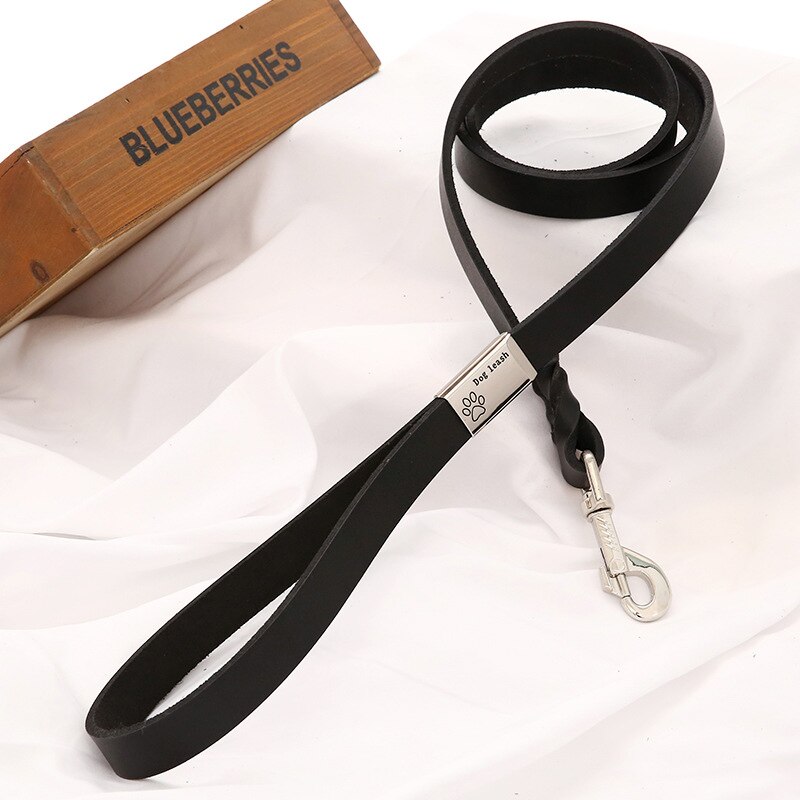 Læder pitbull hundesnor holdbar stor hund i snor med bjergbestigningsspænde udendørs kæledyrssnore til mellemstore hunde: Sort / L 2 x 120cm