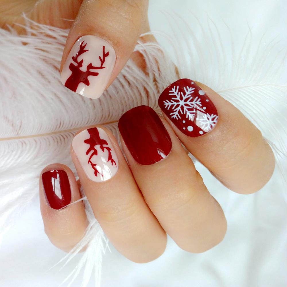 Faux ongles courts artificiels de noël, rouge vin, pour manucure, avec motifs, joli cerf de neige, couverture complète bricolage-même, 24 pièces: Z218-2
