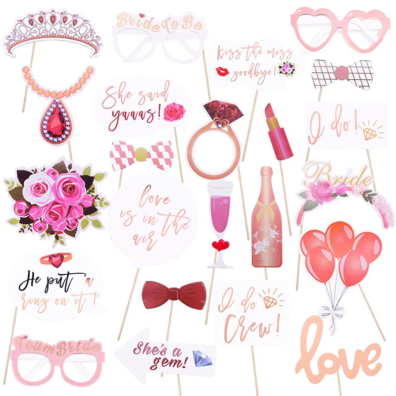 Pink Wedding Bride To Be Photo Booth Props Set Bridal Shower Wedding Decor DIY 23pcs Photo Props for Bachelorette Party Supplies