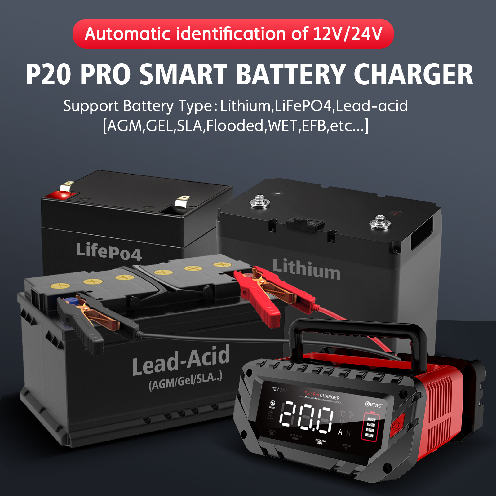 Htrc bilbatterilader 12 v 20a 24 v 10a automatisk til agm litium blysyre lifepo 4- batterier motorsykkel pulsreparasjonslader