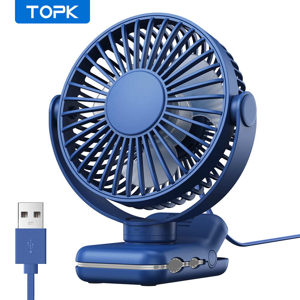 TOPK Mini ventilador portátil con clip, ventilador de escritorio USB, viento silencioso de 3 velocidades 720 ° Ventilador eléctrico personal giratorio, ventiladores de pie para habitación y hogar: Azul