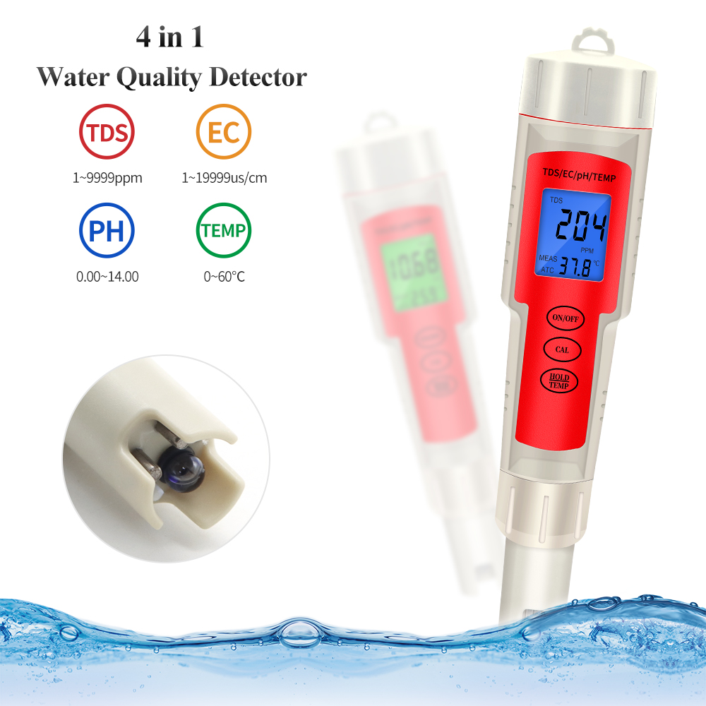 4 in 1 TDS EC PH Temperature Meter Tester TDS PH Water Monitor Testing for Pools Drinking Water Aquariums